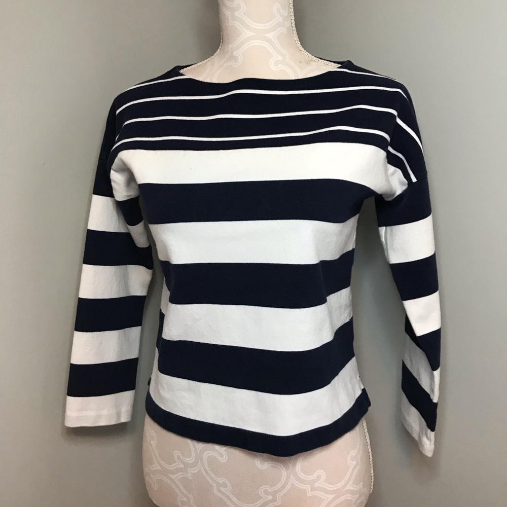 {J crew} blue & white striped crop top